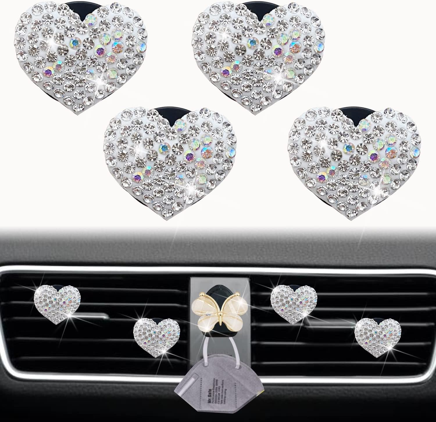 Bling Heart Air Vent Clips, 4 Pcs Silver Heart Car Air Fresheners 