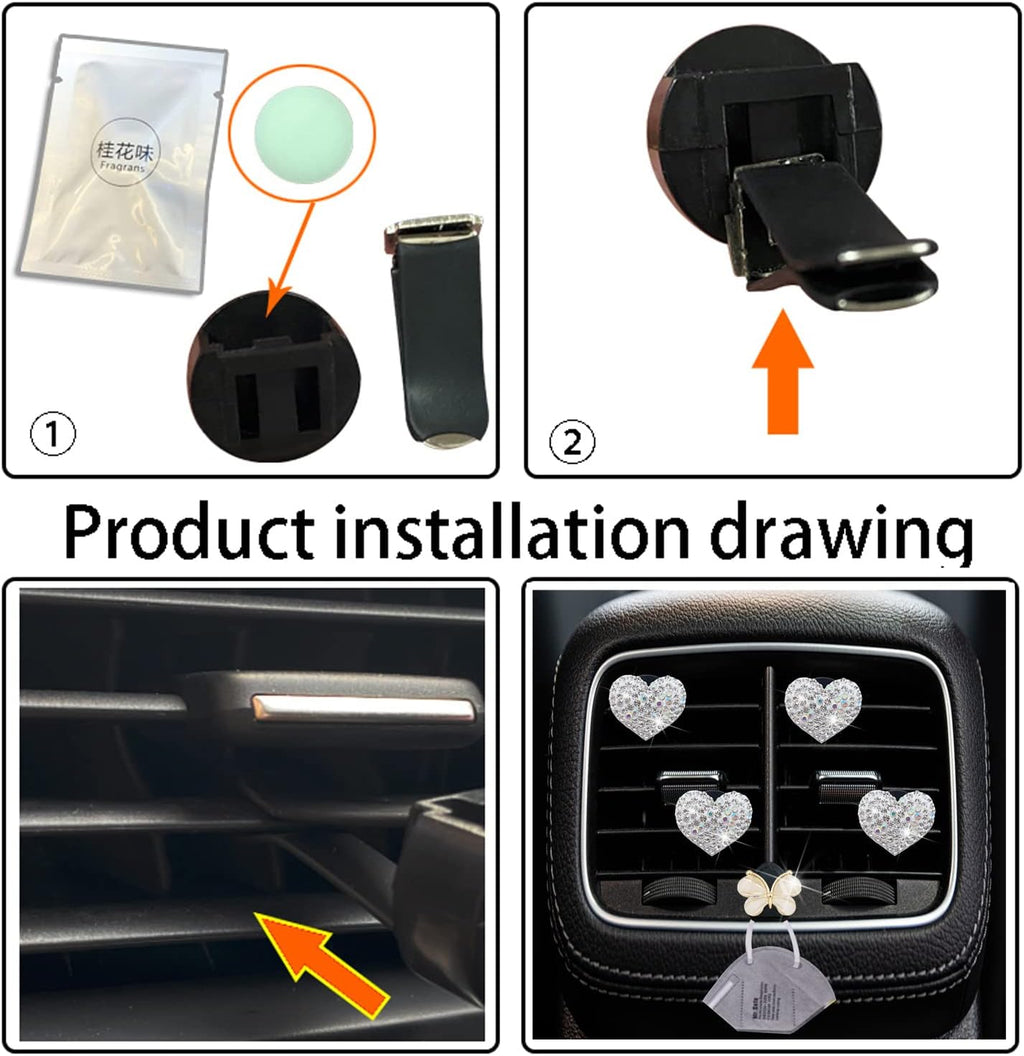 Bling Heart Air Vent Clips, 4 Pcs Silver Heart Car Air Fresheners 