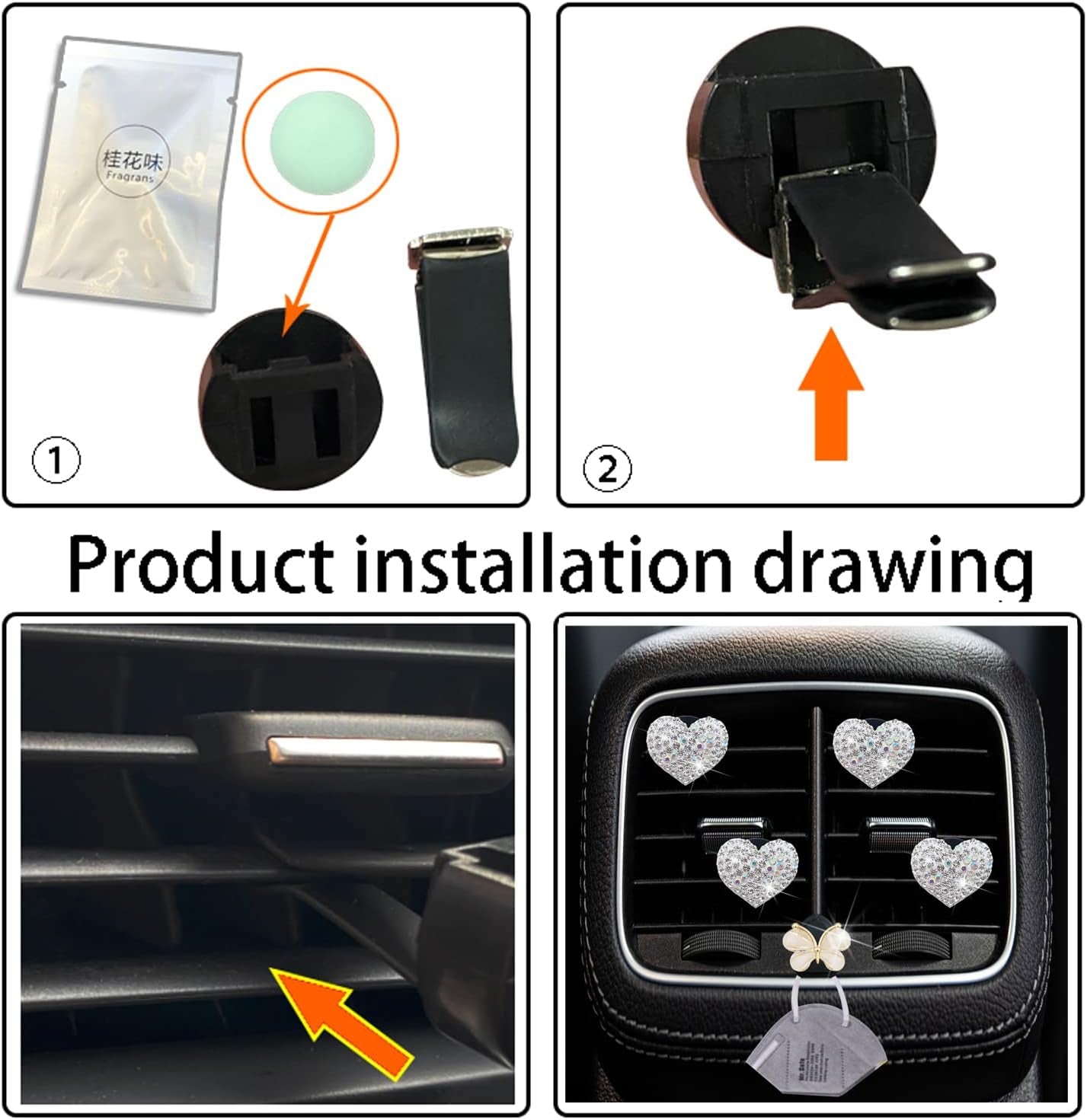 Bling Heart Air Vent Clips, 4 Pcs Silver Heart Car Air Fresheners 